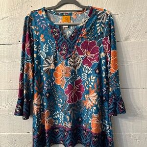 Ruby Rd. Floral Tunic Ruffle Top Blouse Boho Lagen Look Beachy Turquoise Blue
